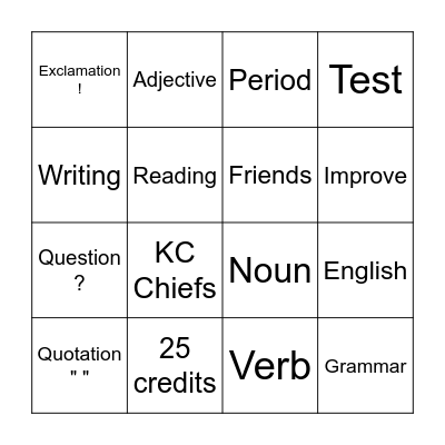 English Class Bingo Card
