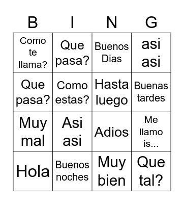 Spanish Greetings Bingo Card
