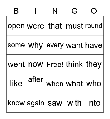 Sight Words Bingo Card