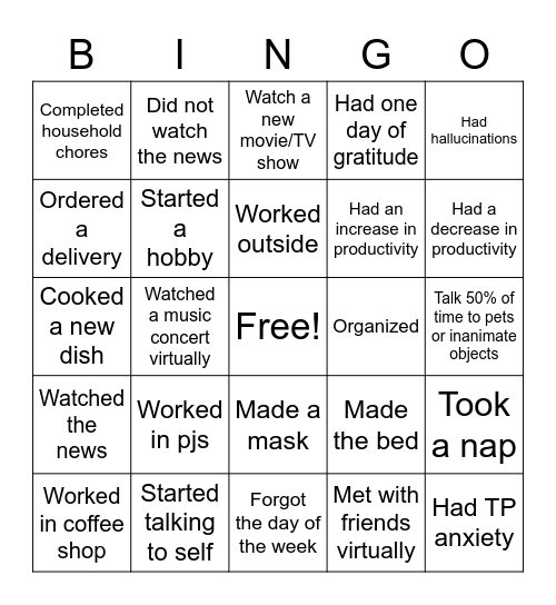 Remote Work/Life  Bingo Card