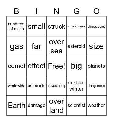 Asteroid Types Bingo Card