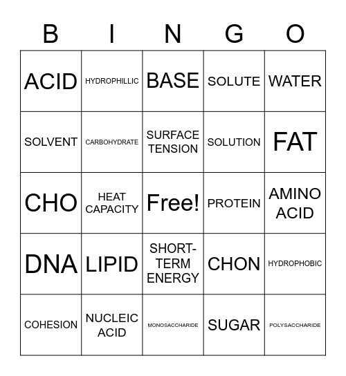 Properties of Water/ Macromolecules Bingo Card