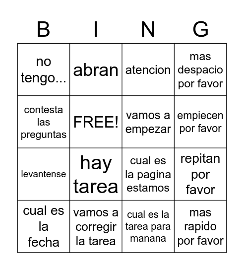Espanol Bingo Card