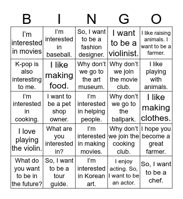 Unit 9: What Are You Interested in? Bingo Card