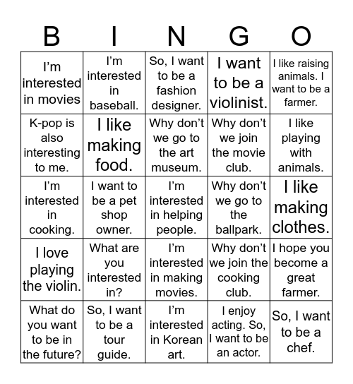 Unit 9: What Are You Interested in? Bingo Card