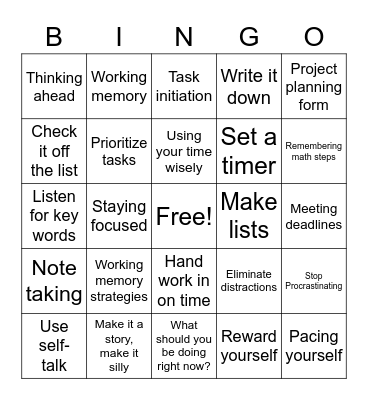 Working Memory/Task Initiation/Time Management BINGO Card