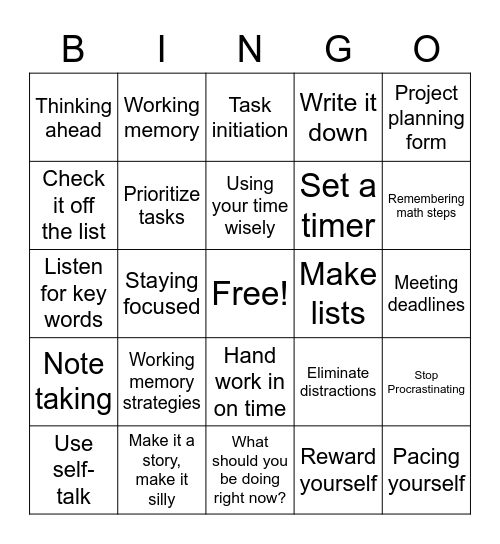 Working Memory/Task Initiation/Time Management BINGO Card