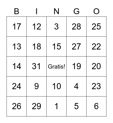 Los Numeros BINGO 1-31 Bingo Card