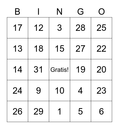 Los Numeros BINGO 1-31 Bingo Card