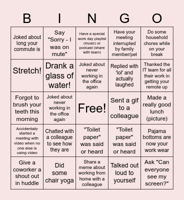 Remote Work Bingo Card