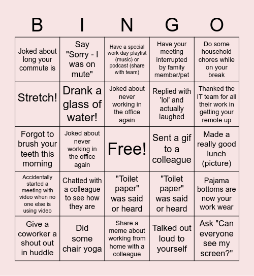 Remote Work Bingo Card