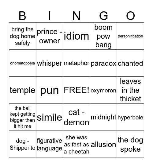 Figurative Language Bingo  Bingo Card