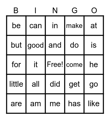Sight Words Bingo Card