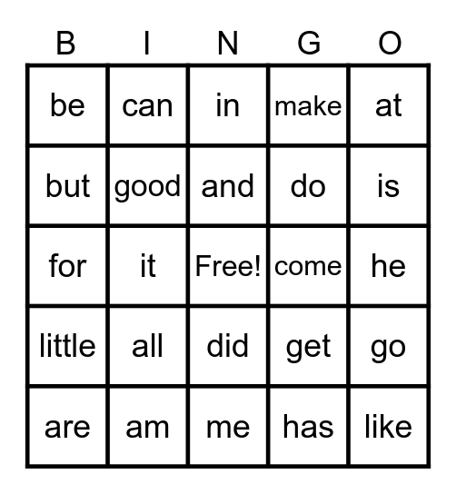 Sight Words Bingo Card