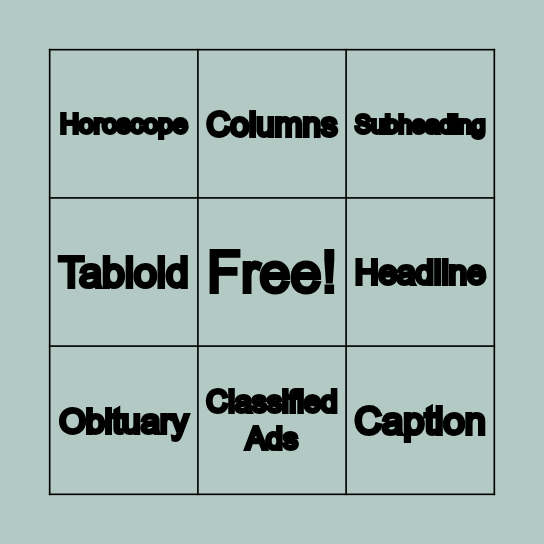 Parts of a Newspaper Bingo Card