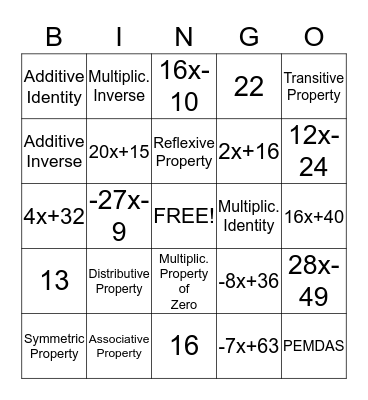 Pre-Algebra Bingo Card