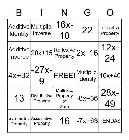 Pre-Algebra Bingo Card