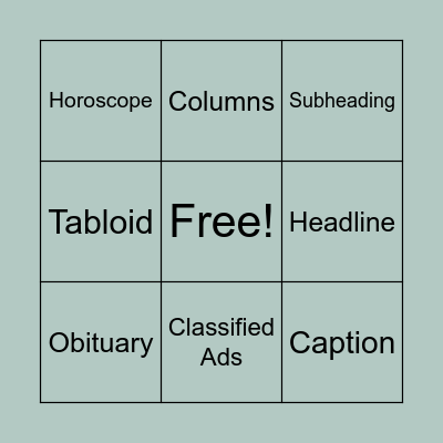 Parts of a Newspaper Bingo Card
