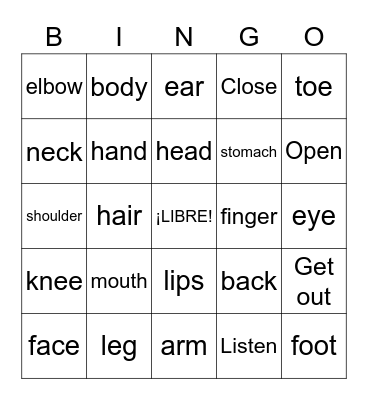 Las Partes del Cuerpo Bingo Card