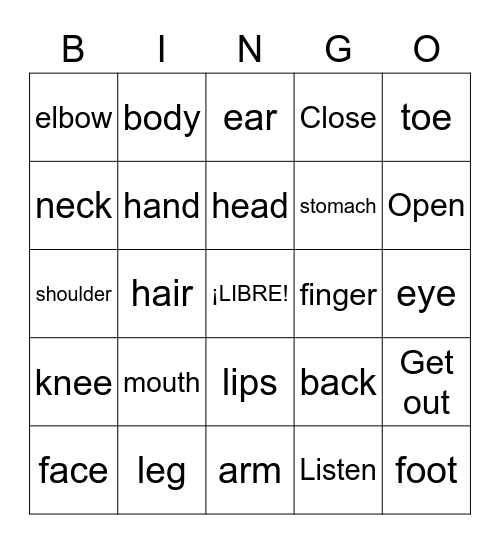 Las Partes del Cuerpo Bingo Card