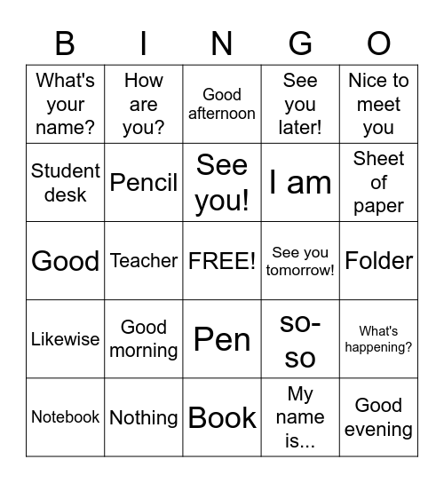Greetings and Classroom Commands Bingo Card