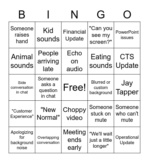 CTS Remote Meeting Bingo Card