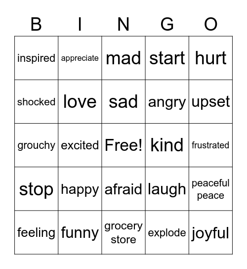 emotions and misc. Bingo Card