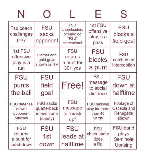 Jax Seminole Club | Game Day Bingo Card