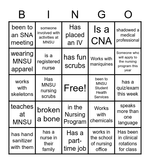 Nursing Social and Snacks Bingo Card