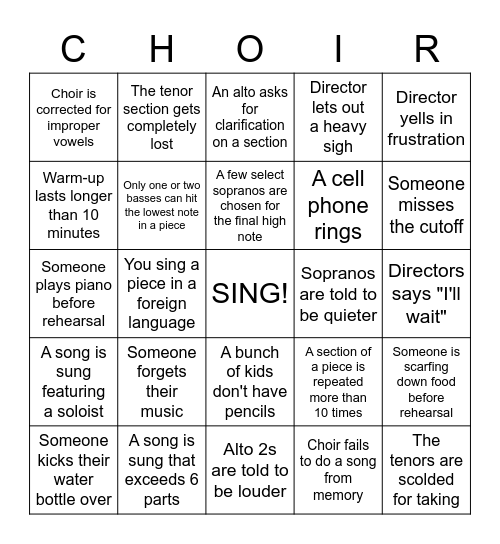 Choir Rehearsal Bingo Card