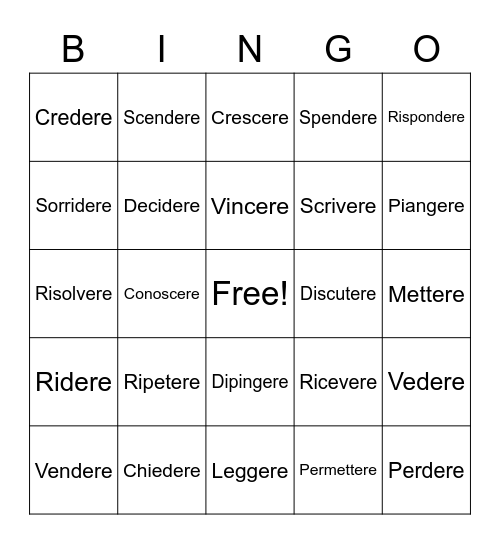 I verbi ERE Bingo Card
