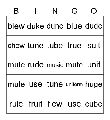 Long U Bingo Card