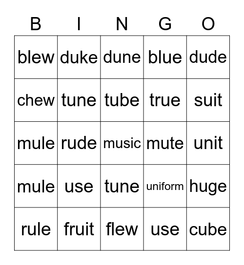 Long U Bingo Card