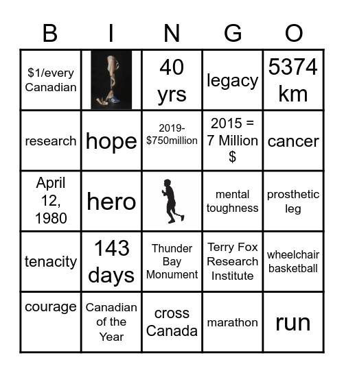 Terry Fox 2020 Bingo Card