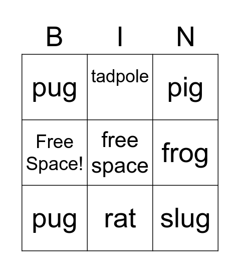 Short Vowel Sounds Animal Bingo Card