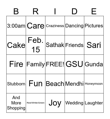 Shital's Bridal Bingo Card