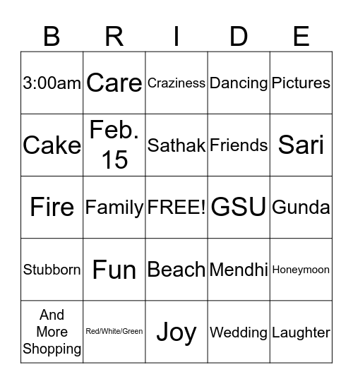 Shital's Bridal Bingo Card