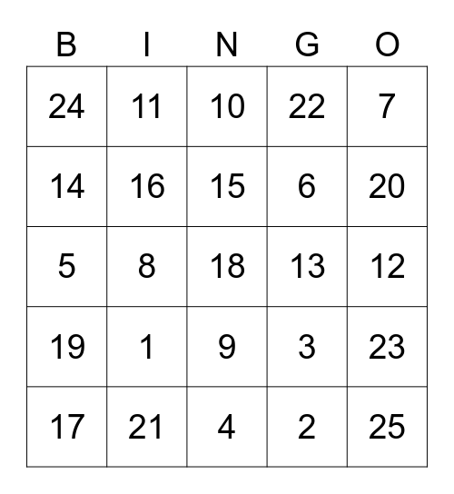 Math Bingo #1-25 Bingo Card