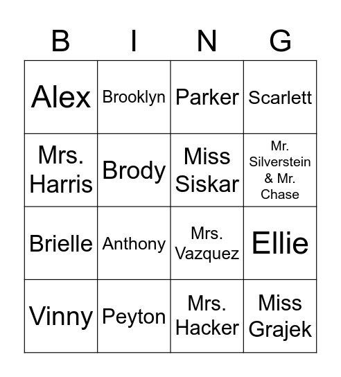 Class Names Bingo Card