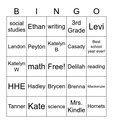 Mrs. Kindle's 3rd Grade Class Bingo Card