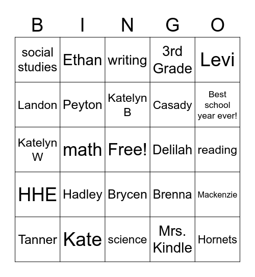 Mrs. Kindle's 3rd Grade Class Bingo Card