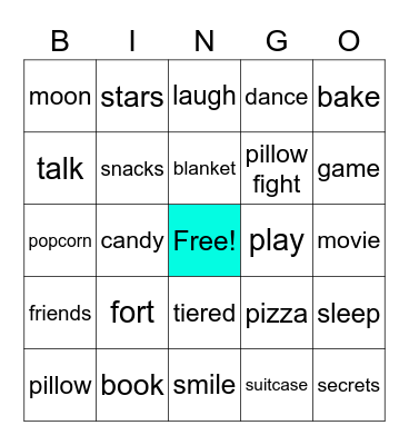 Sleepover Bingo Card