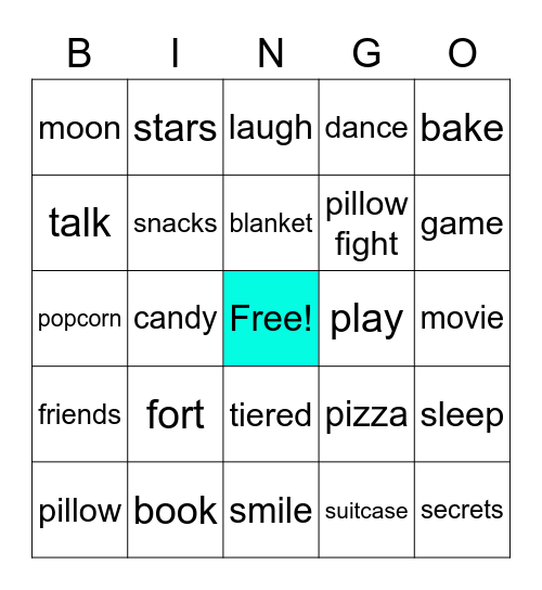 Sleepover Bingo Card