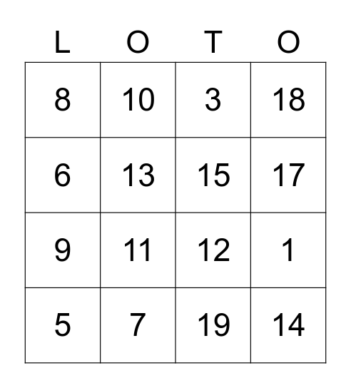 1 to 20 Bingo Card