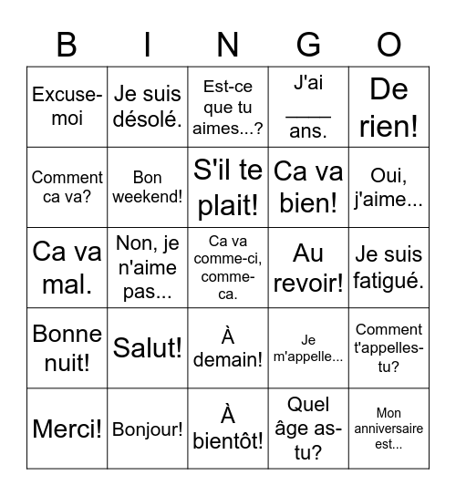 Les Introductions Bingo Card