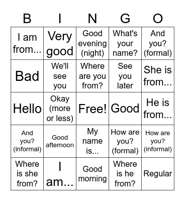 Spanish Greetings Bingo Card