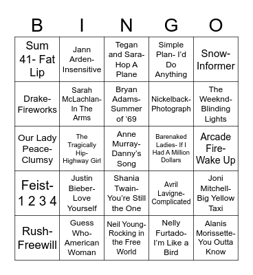 Total-Quiz.com Presents Radio Bingo: Oh, Canada Bingo Card