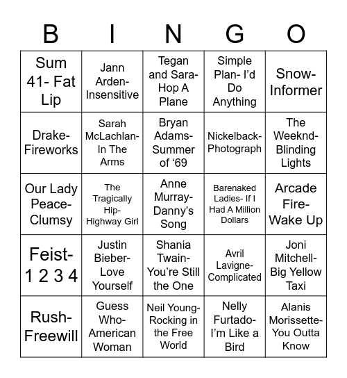 Total-Quiz.com Presents Radio Bingo: Oh, Canada Bingo Card