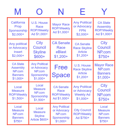 2020 Political Sales - 5 in a row Bingo Card