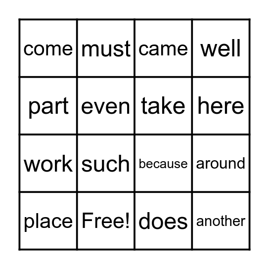 Snap Words 121-135 Bingo Card